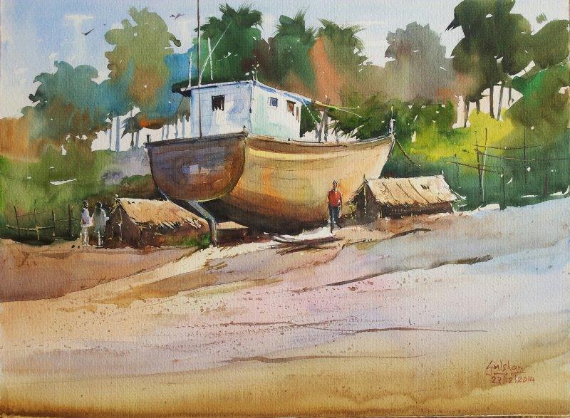 Seascape watercolor painting titled 'My Turn Will Soon Come', 18x13 inches, by artist Gulshan Achari on Paper