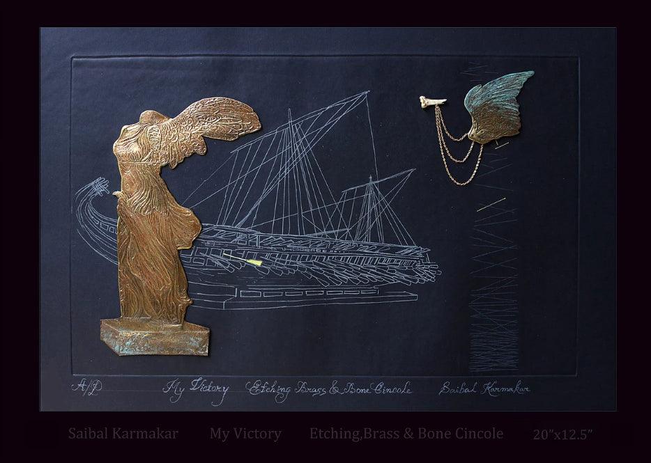 contemporary printmaking titled 'My Victory', 13x20 inches, by artist Saibal Karmakar on Paper and Brass