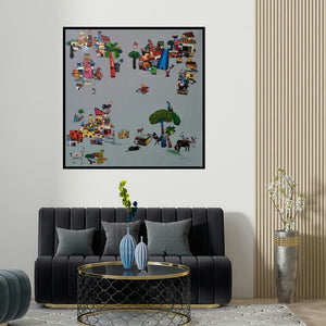 Manjunath Wali's 'My Village 1 (Worlds Apart)' painting visualized above a sofa in a contemporary room.