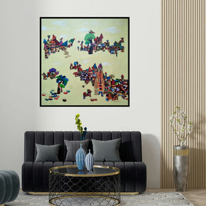 Manjunath Wali's 'My Village 2 (Imaginary Landscapes)' painting visualized above a sofa in a contemporary room.