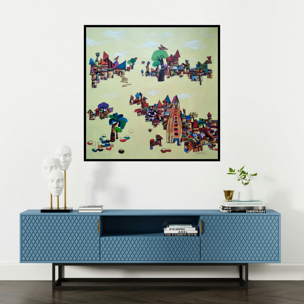 'My Village 2 (Imaginary Landscapes)' painting by Manjunath Wali shown on a wall in a furnished room.