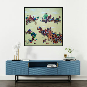 'My Village 2 (Imaginary Landscapes)' painting by Manjunath Wali shown on a wall in a furnished room.