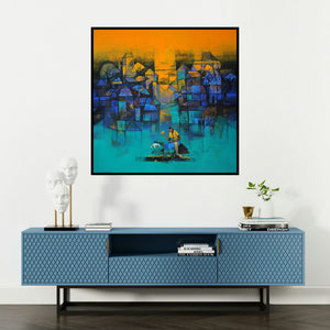 'My Village' painting by Sachin Akalekar shown on a wall in a furnished room.