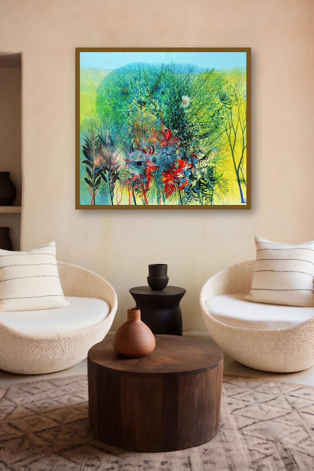My Village Garden I (My Village Garden I: A Symphony of Nature) by artist Kishore Kumar Sahu displayed in a Indian Art gallery
