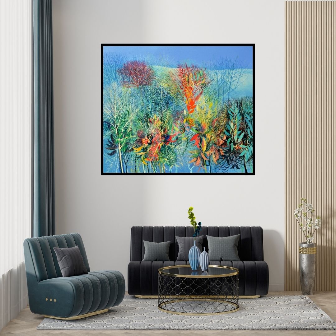 Preview of 'My Village Garden Ii (My Village Garden II: A Symphony of Nature)' Painting by Kishore Kumar Sahu shown on a wall in a furnished room.