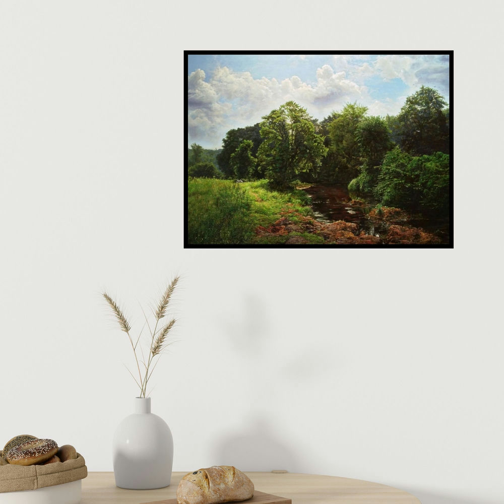 Sanjay Sarfare's 'My Village Stream (My Dreamland)' painting visualized above a sofa in a contemporary room.