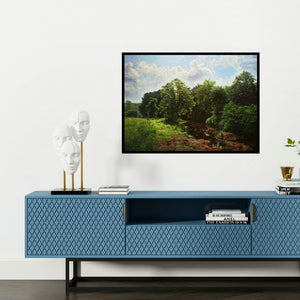 'My Village Stream (My Dreamland)' painting by Sanjay Sarfare shown on a wall in a furnished room.