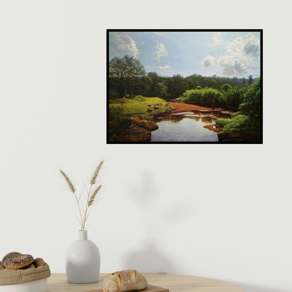 Sanjay Sarfare's 'My Village Stream 2' painting visualized above a sofa in a contemporary room.