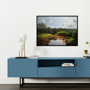 'My Village Stream 2' painting by Sanjay Sarfare shown on a wall in a furnished room.