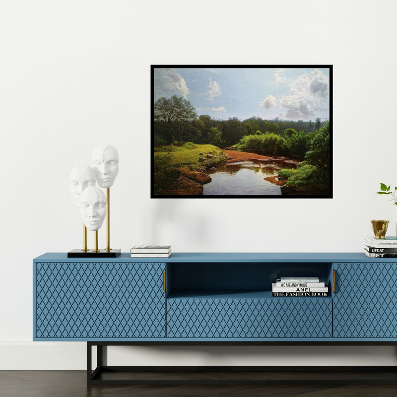 Preview of 'My Village Stream' Painting by Sanjay Sarfare shown on a wall in a furnished room.