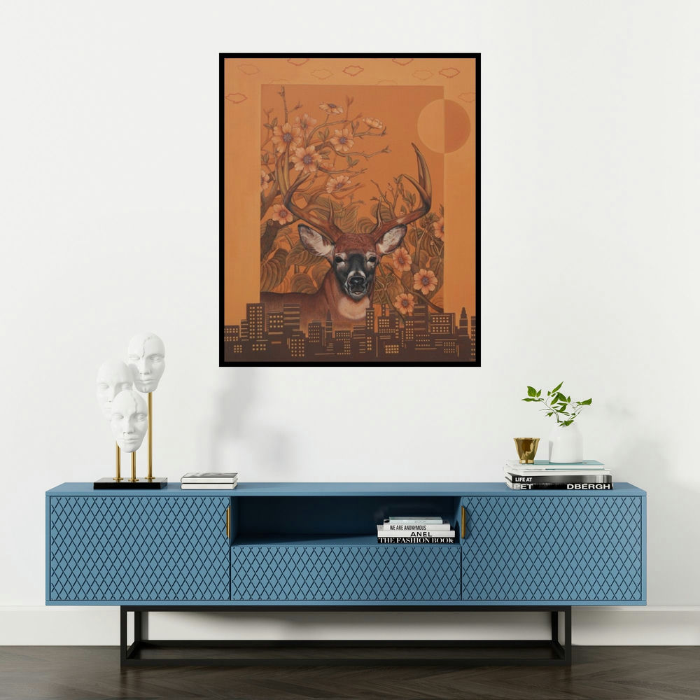 Vani Chawla's 'My World Your World 1' painting visualized above a sofa in a contemporary room.