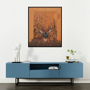 Vani Chawla's 'My World Your World 1' painting visualized above a sofa in a contemporary room.