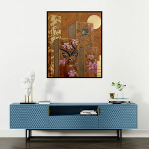 Vani Chawla's 'My World Your World 2 (My World, Your World 2)' painting visualized above a sofa in a contemporary room.
