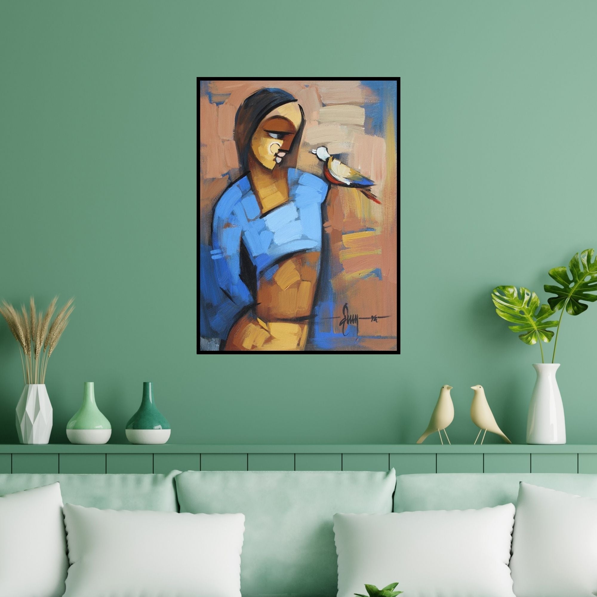 Preview of 'Myself 4' Painting by Deepa Vedpathak shown on a wall in a furnished room.