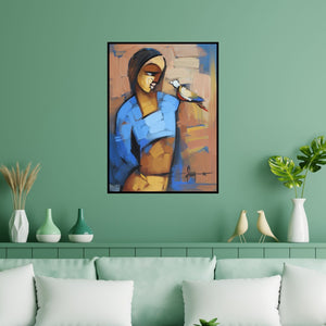 Preview of 'Myself 4' Painting by Deepa Vedpathak shown on a wall in a furnished room.