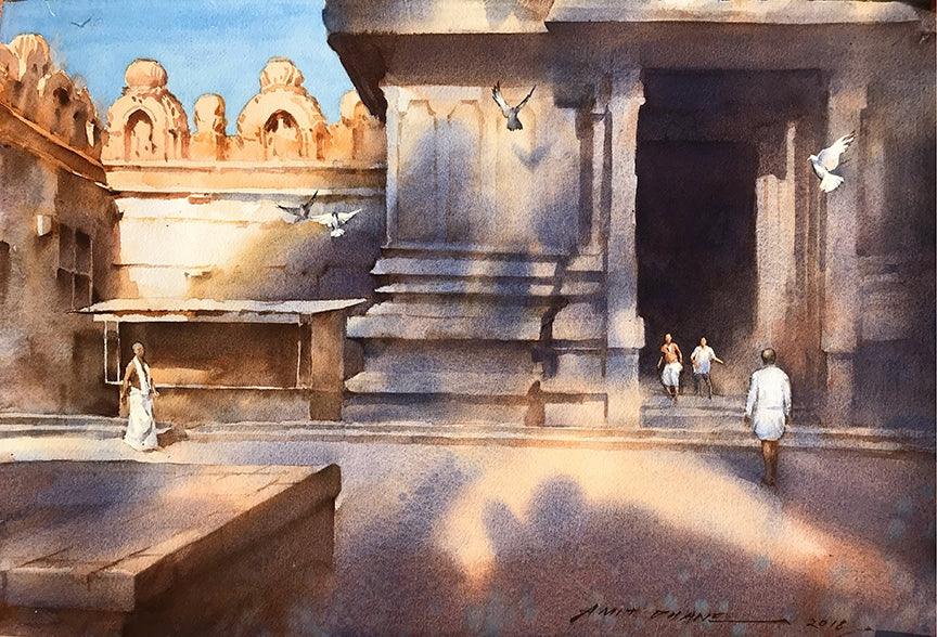 Religious watercolor painting titled 'Mysore Temple', 14x20 inches, by artist Amit Dhane on Paper