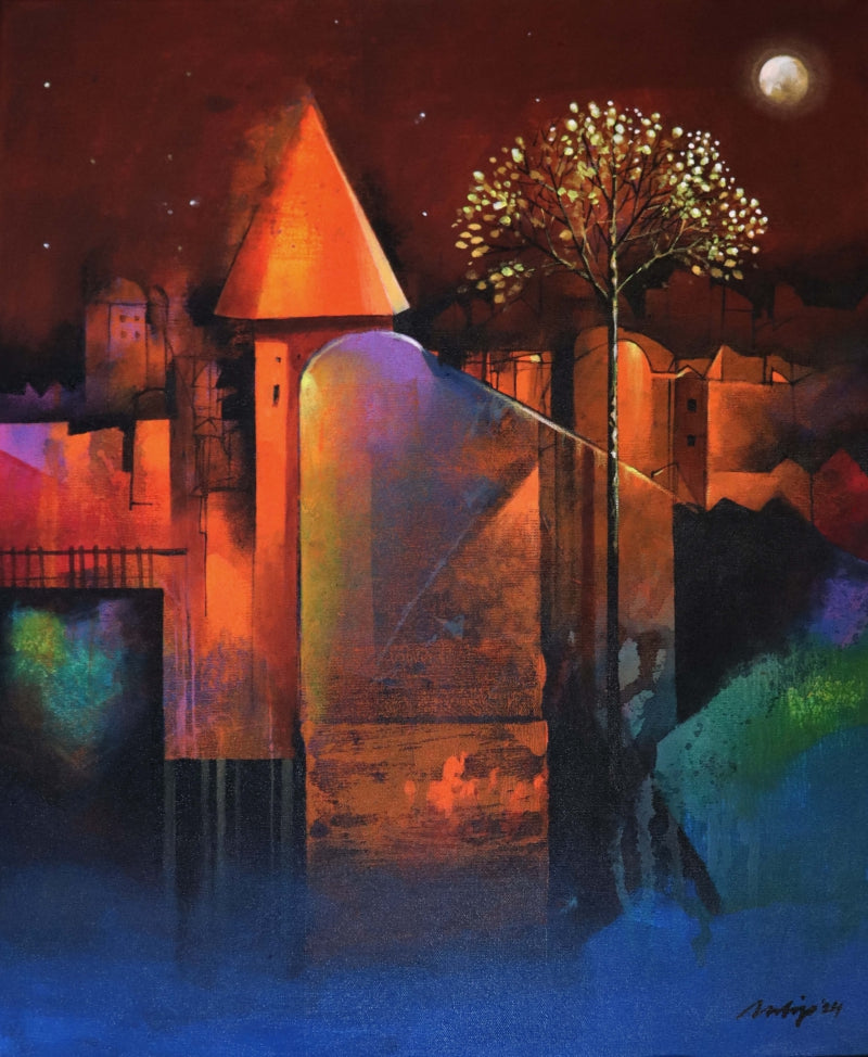 Mysterious Moon' contemporary acrylic painting by artist Pradip Sengupta, 20x24 inch, on canvas