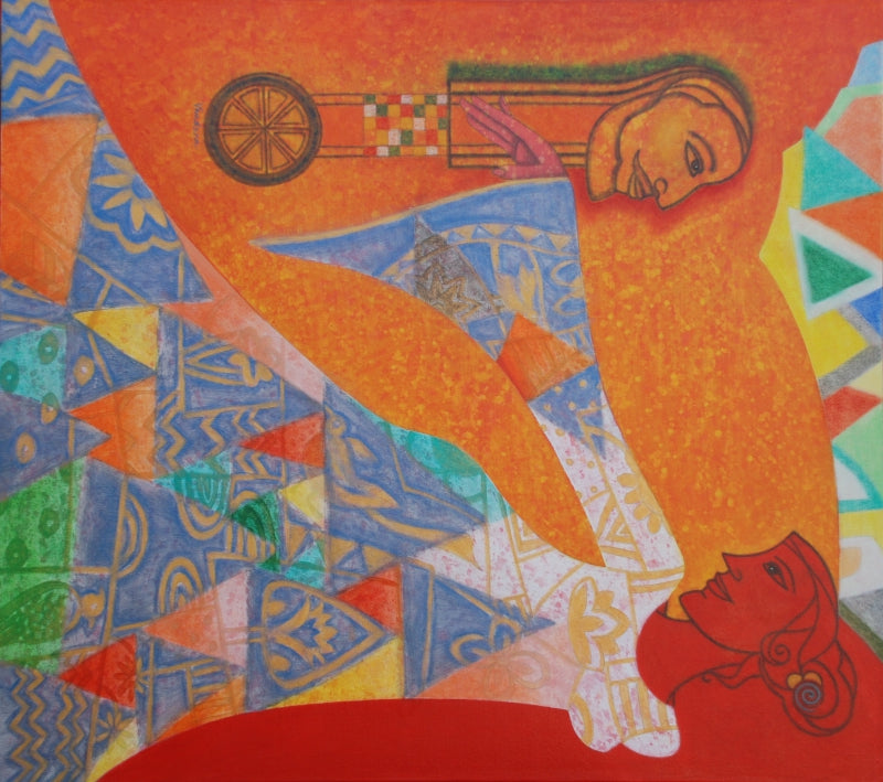 Mystic Affair' figurative acrylic painting by artist Vandana Rakesh, 36x32 inch, on canvas