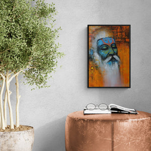 Preview of 'Mystic Sadhu 1 (Serene Sadhu)' Painting by Somnath Bothe shown on a wall in a furnished room.