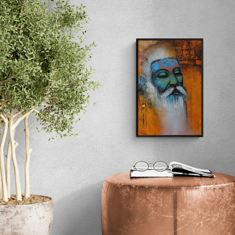 Preview of 'Mystic Sadhu 1 (Serene Sadhu)' Painting by Somnath Bothe shown on a wall in a furnished room.