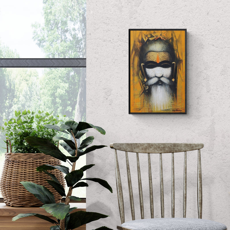 Preview of 'Mystic Sadhu 2 (Sadhu Portrait)' Painting by Somnath Bothe shown on a wall in a furnished room.