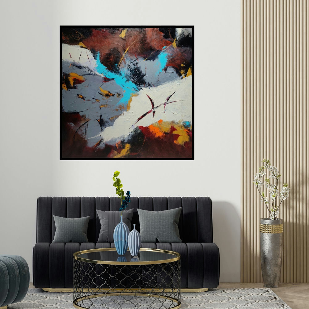 Sanjay Dhawale's 'Mystic (Midnight Bloom)' painting visualized above a sofa in a contemporary room.