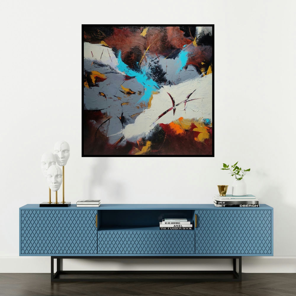 'Mystic (Midnight Bloom)' painting by Sanjay Dhawale shown on a wall in a furnished room.