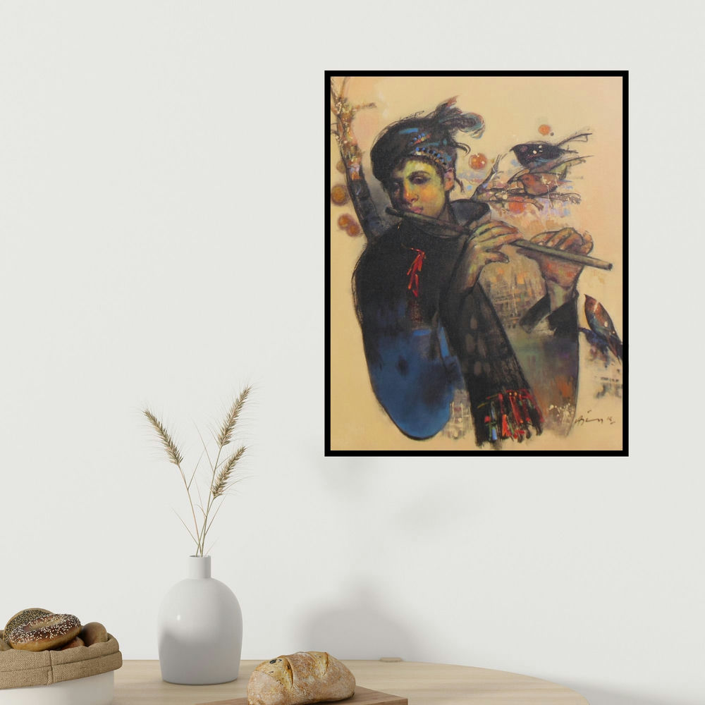 Ajay Deshpande's 'Mystic Tune (Enchanting Melody)' painting visualized above a sofa in a contemporary room.