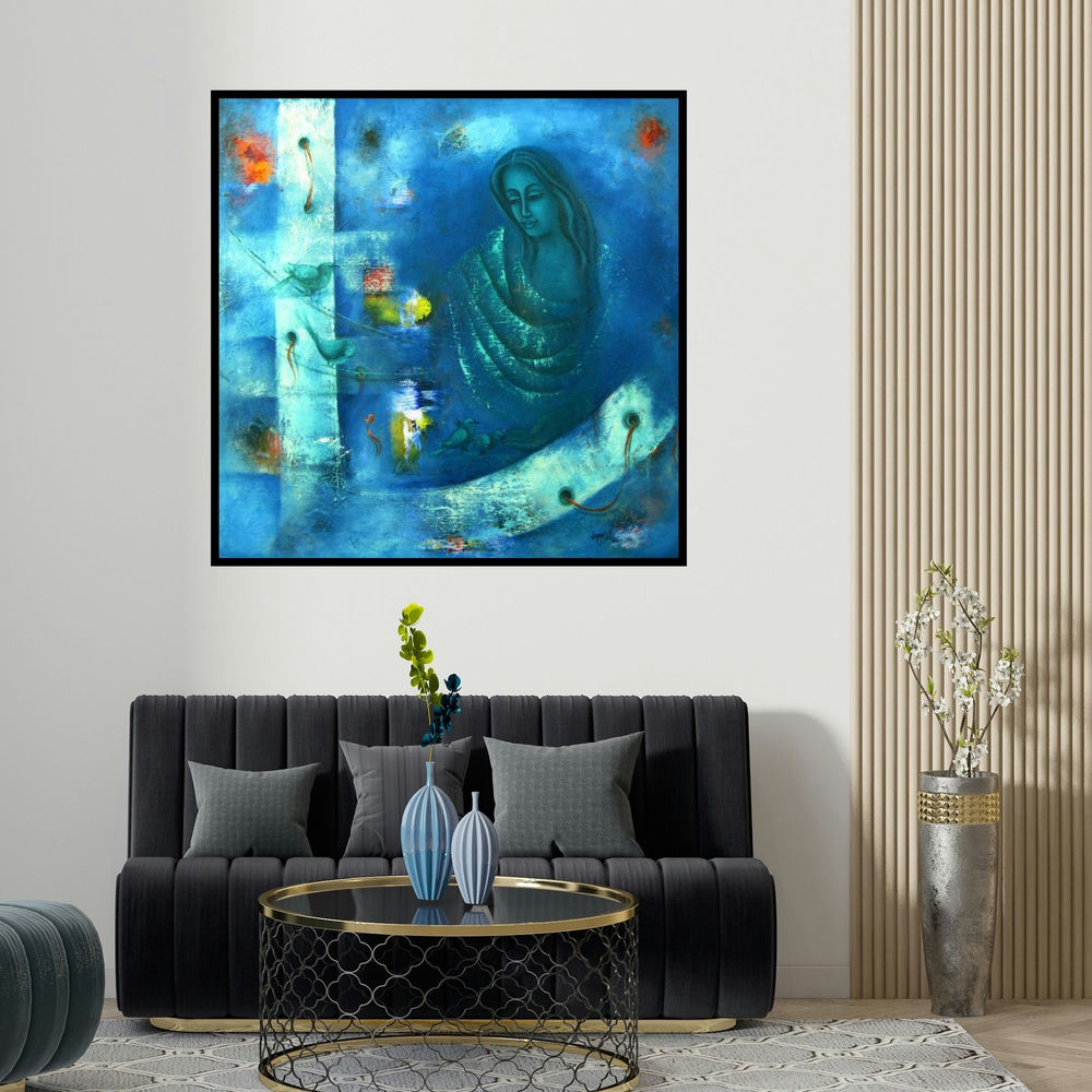 Vijaya Ved's 'Mystic World Ii (Indigo Contemplation)' painting visualized above a sofa in a contemporary room.