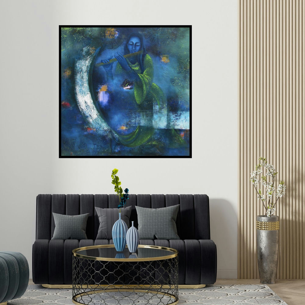 Vijaya Ved's 'Mystic World (Enchanted Realm)' painting visualized above a sofa in a contemporary room.