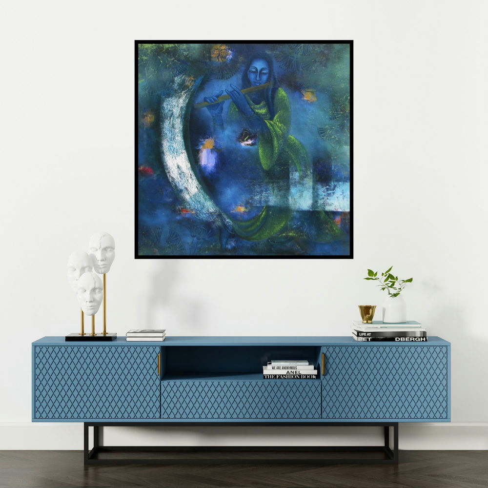 'Mystic World (Enchanted Realm)' painting by Vijaya Ved shown on a wall in a furnished room.
