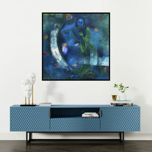 'Mystic World (Enchanted Realm)' painting by Vijaya Ved shown on a wall in a furnished room.