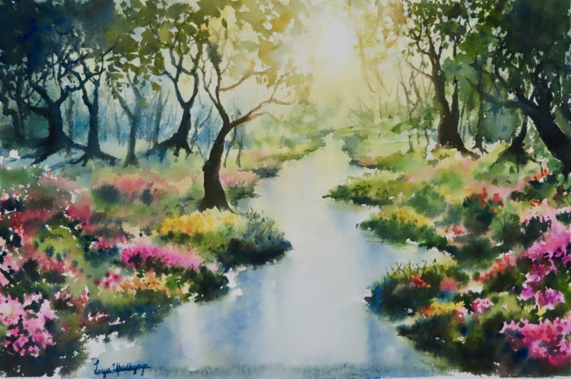 Mystical Woods' nature watercolor painting by artist Lasya Upadhyaya, 15x22 inch, on paper