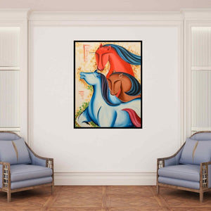 In-situ view of Deepali Mundra's 'Mythic Creatures (The Herd)' painting in a room