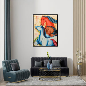Preview of 'Mythic Creatures (The Herd)' Painting by Deepali Mundra shown on a wall in a furnished room.
