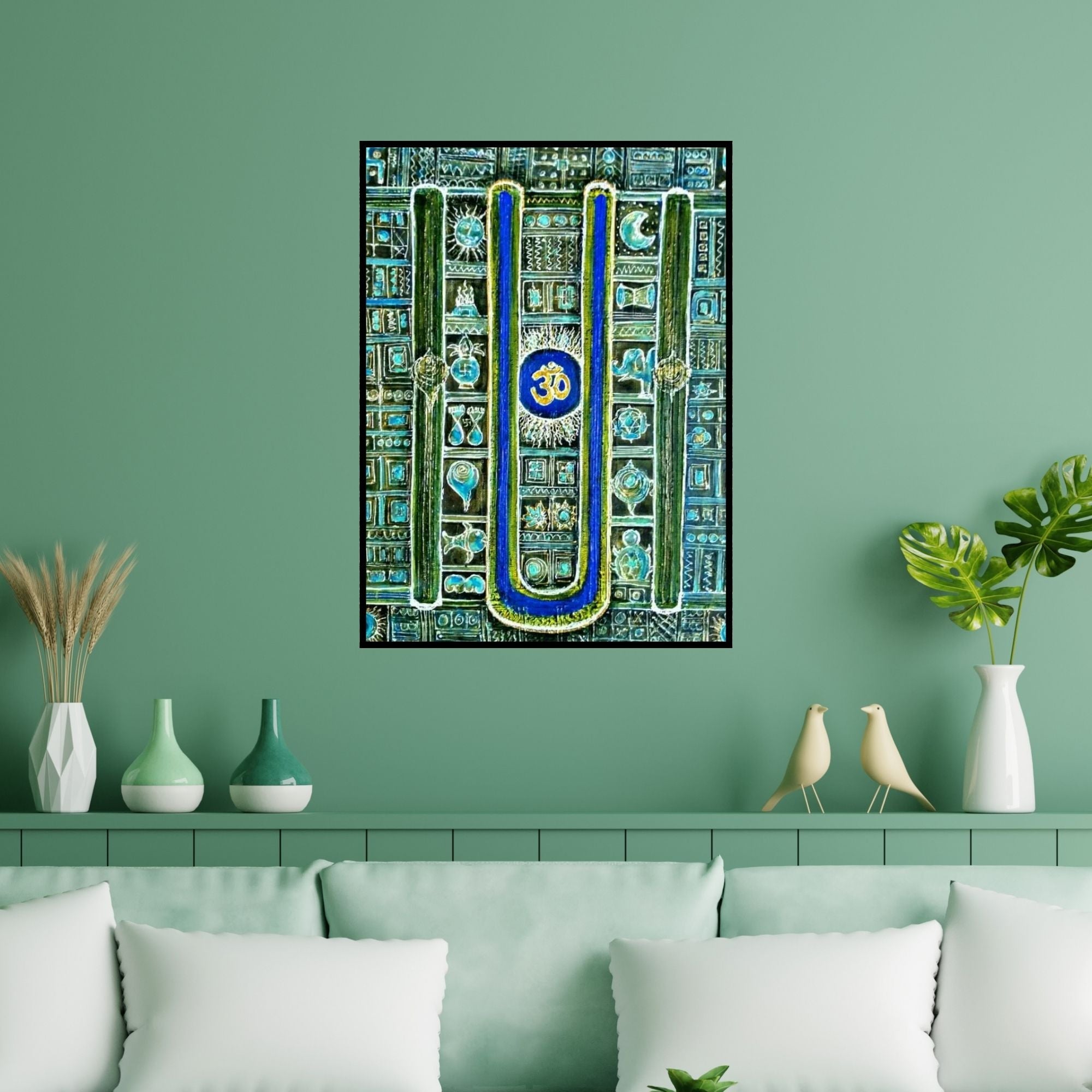 Preview of 'Naam (Sacred Symbols)' Painting by Madhavi Joshi shown on a wall in a furnished room.