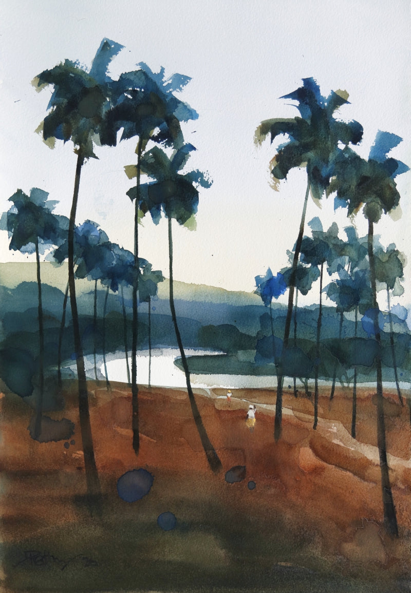 Nagarmath Dusk Twilight River' landscape watercolor painting by artist Prashant Prabhu, 22x15 inch, on paper