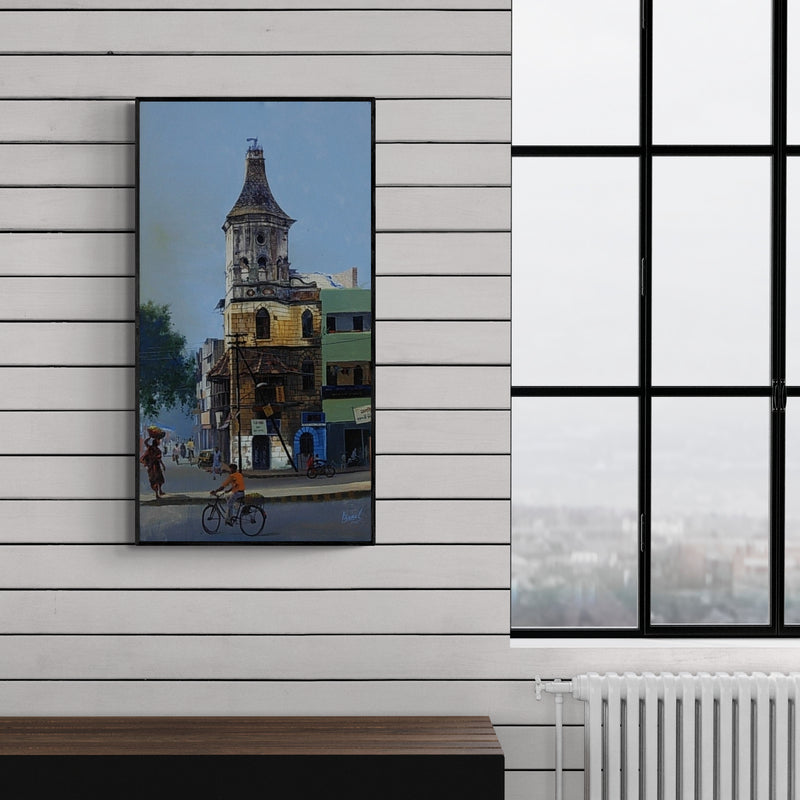 Preview of 'Nagpur Morning' Painting by Bijay Biswaal shown on a wall in a furnished room.