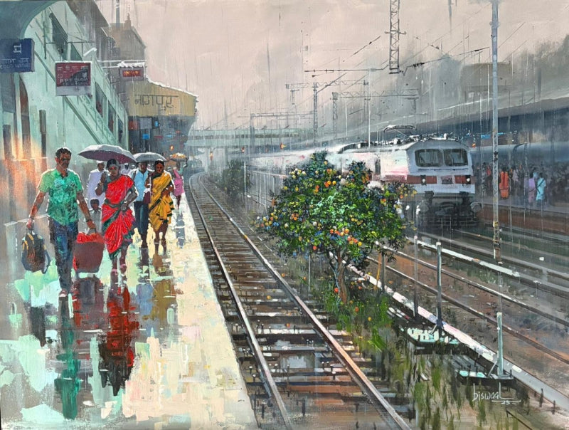 Nagpur Railway Station' cityscape acrylic painting by artist Bijay Biswaal, 24x24 inch, on canvas