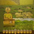 Naman 3' religious oil painting by artist Ashwin Khapare, 72x36 inch, on canvas