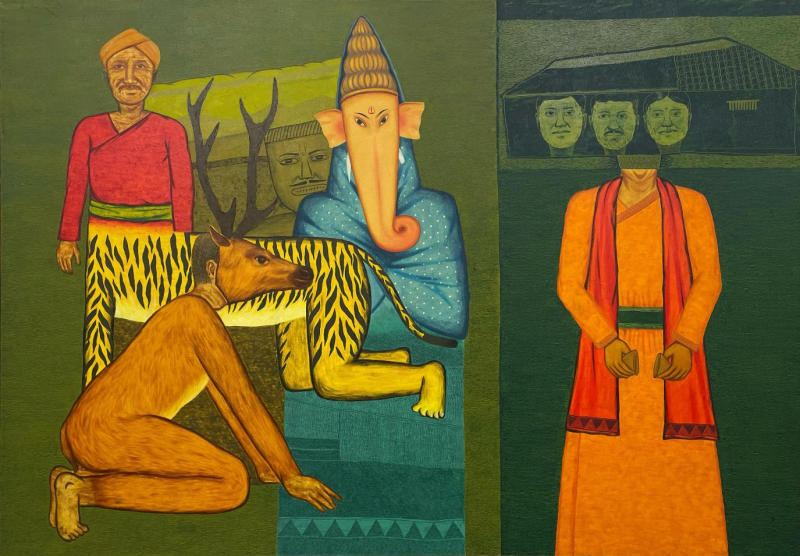 Naman' religious oil painting by artist Ashwin Khapare, 42x60 inch, on canvas