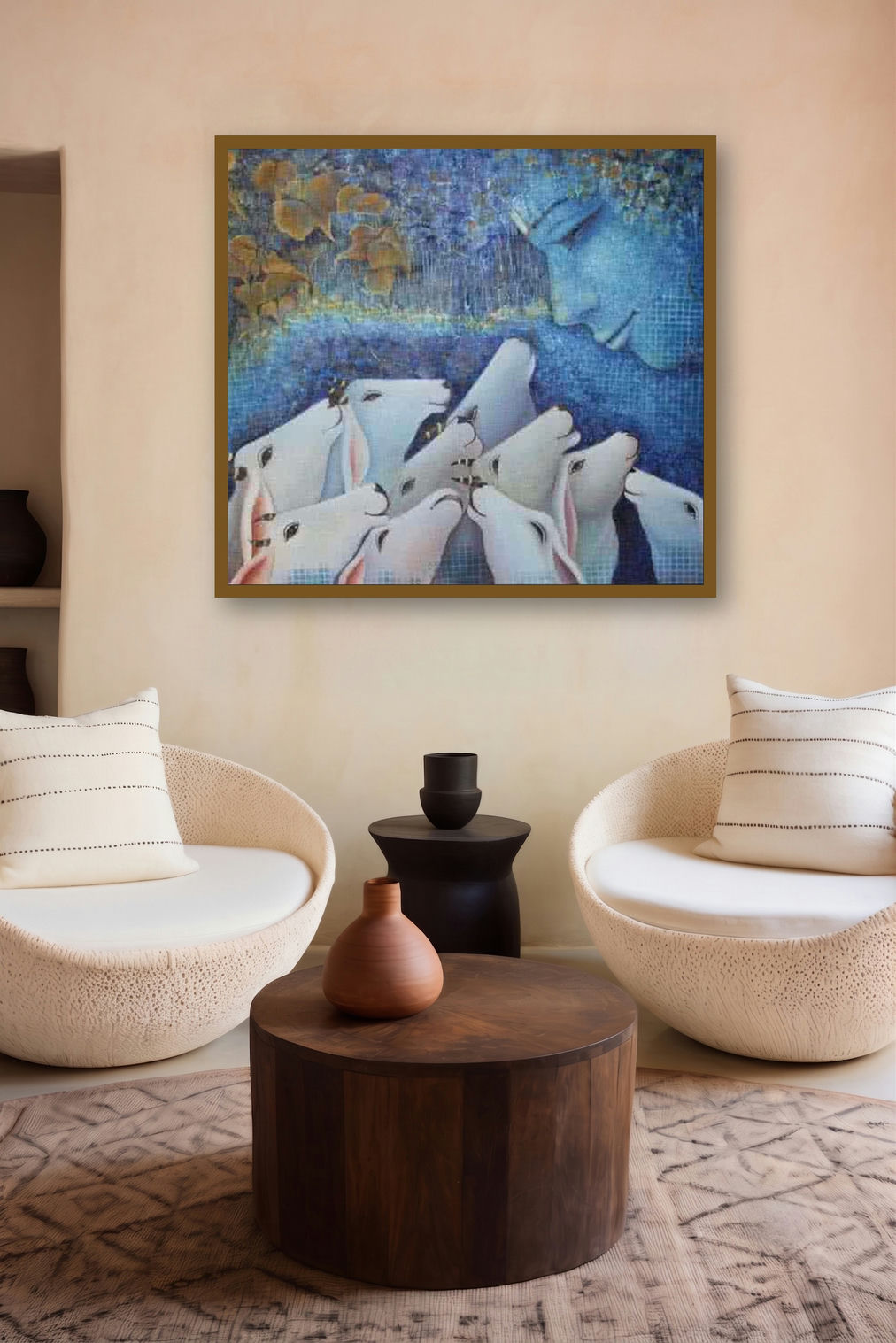 Nand Gopal (Krishna and the Cows) by artist Rakhi Baid displayed in a Minimalist gallery