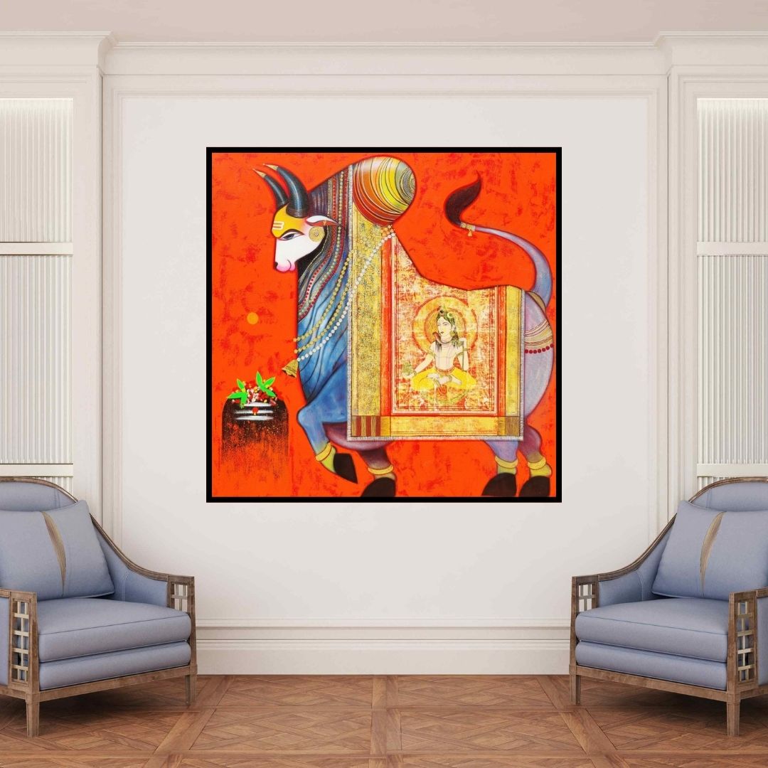 In-situ view of Ashok Rathod's 'Nandi 1 (Nandi's Divine Vision)' painting in a room