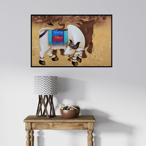 In-situ view of Paras Parmar's 'Nandi 1 (Sacred Bull in Golden Hue)' painting in a room