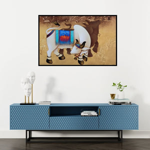 Preview of 'Nandi 1 (Sacred Bull in Golden Hue)' Painting by Paras Parmar shown on a wall in a furnished room.