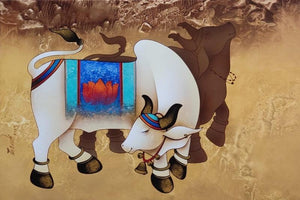 Religious acrylic painting titled 'Nandi 1', 24x36 inches, by artist Paras Parmar on Canvas