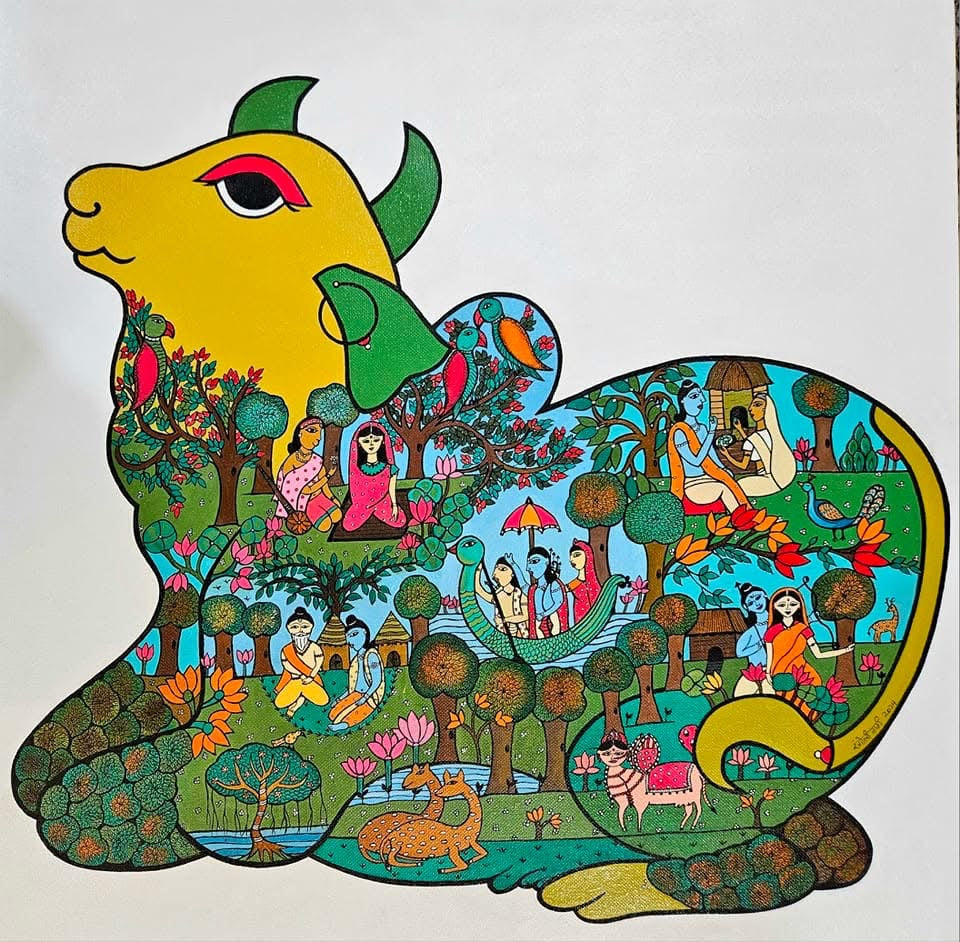 Nandi 1' religious acrylic-ink painting by artist Rangoli Garg, 20x20 inch, on canvas