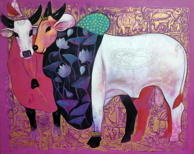 'Nandi 1' religious acrylic painting by artist Jiban Biswas, 48x60 inch, on canvas