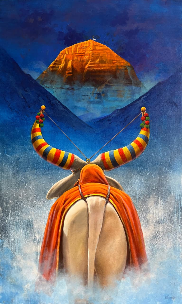 Nandi 1' religious acrylic painting by artist Vinayak Potdar, 48x30 inch, on canvas