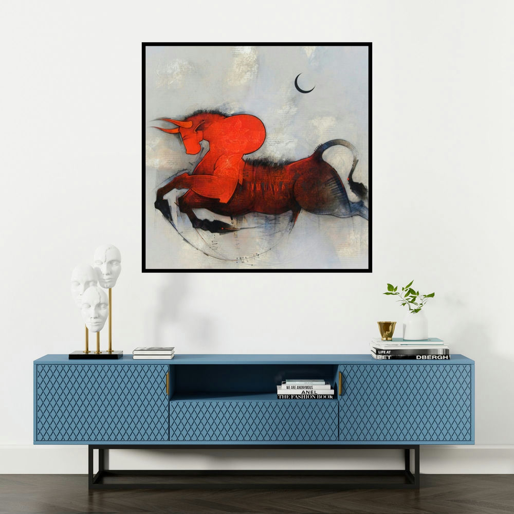 'Nandi' painting by Amol Pawar shown on a wall in a furnished room.